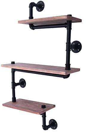 Konfiur Regale, 3 Ebenen Vintage Industrie Rohr Wandregal, Retro Holz Bücherregal Aufbewahrungsregal Küchenregal, Multifunktional Wand-Bücherregale für Schlafzimmer Wohnzimmer Bar Cafe