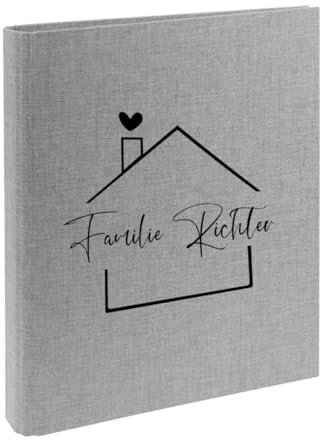 AWASG Dokumentenmappe Familie Haus - Personalisiert mit Namen - Ringbuch Ordner für die Familie - Familienordner Leinen zum Einsortieren von Unterlagen (grau)