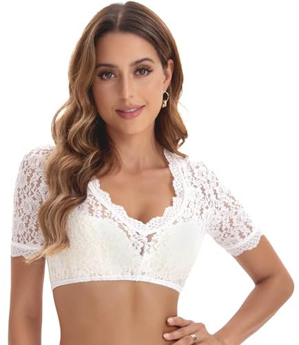 Adisno Dirndl Bluse Damen,Dirndlbluse Spitze,Dirndlbluse, Dirndl Bluse Spitzen,Dirndlblusen mit Eleganten V-Ausschnitt und Sexy Spitze.(weiß,42)