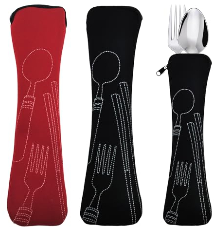 SwirlColor Porta Cubiertos, 2 Piezas Larga Vacía Bolsa para Cubiertos con Cremallera Portátil Estuche Cubiertos para Llevar al Trabajo Escuela Camping Picnic Viajes - Negro, Rojo (23,5 x 6 cm)