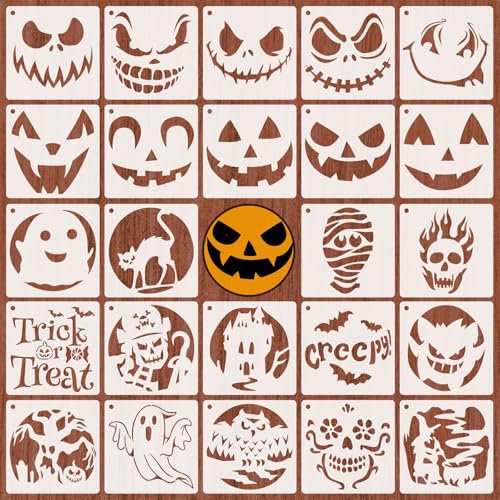 Qpout 24 Pochoirs d'Halloween 13 x 13 cm pour Enfants - Réutilisables pour Peinture sur Bois, Mur, Scrapbooking, Fenêtre, Carte