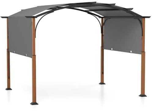 GYMAX Pergola Retrattileda Giardino 300 x 360 cm, Pergola da Patio ad Arco con e Tettuccio Retrattile e Tenda Parasole, 16 Chiodi per il Terreno Inclusi, Gazebo per Giardino, Cortile (Nero)