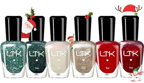 Red Green Nail Varnish Set Quick Dry Long Lasting Gel Manicure DIY Nail Art Kit - 6pcs Pearl White Gold Glitter Nail Polish for Women Girls