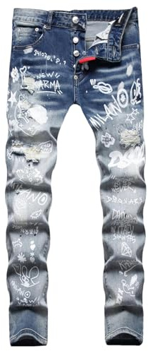 ZMIN Jeans skinny da uomo con stampa graffiti bottoni Fly strappati jeans pantaloni per abbigliamento casual, Blu, 44