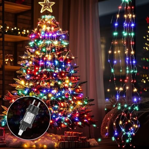 Apritsce Lichterschweif, 2 M 200 LED Lichterkette mit Stecker, Lichterkette Wasserfall 8 Modi, LED Weihnachtsbeleuchtung mit Timer, Lichterbündel für Weihnachten Baum Balkon Innen Deko (Farbe)