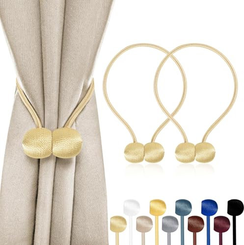 TopHomer 2 Stück Magnetische Vorhang Raffhalter, 10 Farben | Für Wohn-/Schlafzimmer, Bad & Esszimmer, passt zu Vorhängen/Gardinen/Duschvorhänge (Hellgold)