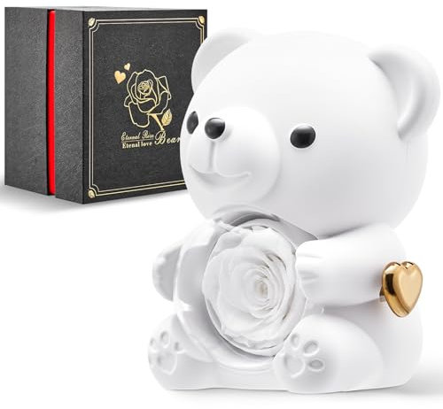 Mikasol Romantic Teddy White Bear with Preserved Rose - Real Rose in Elegant Black Gift Box for Valentine's Day, Anniversaries, Weddings, Bridal Showers, and Mother's Day