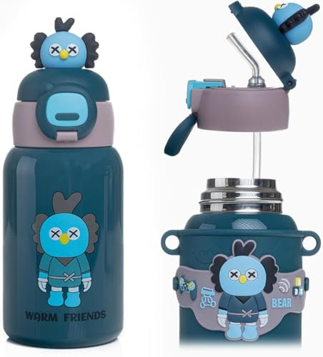 Botella infantil a prueba de fugas, 450 ml, botella de agua de acero inoxidable para la escuela y la guardería, niñas, niños, botella de agua sin BPA para frío y caliente (azul oscuro)