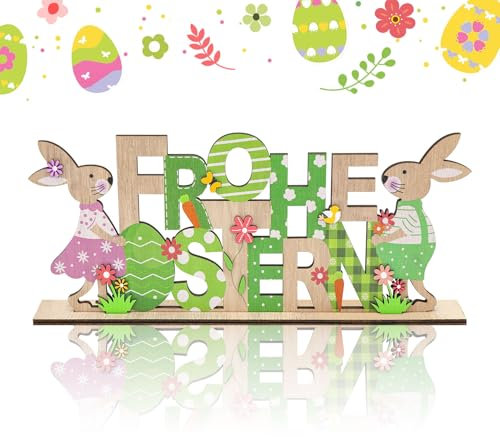 Forbabe Deko Aufsteller für Ostern, Bunt Osterdeko zum Hinstellen mit Schriftzug Osterhasen Figuren Ostereier Frohe Ostern Tischdeko Osterhase Deko Holz für Osterfeier und Osterdekoration Innen