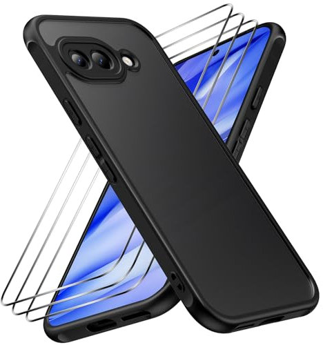 caslord Coque pour Google Pixel 9a 5G avec 3 Verre Trempé [Antichoc] Coque de téléphone Portable, Dos Translucide Mat Anti-Traces de Doigts, Noir