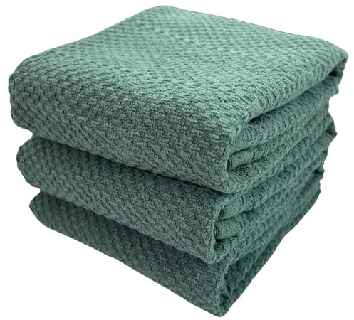 Dark Emerald Green Kitchen Hand Dish Towels: Oversized 28 x 18,100% Cotton Cloth Soft Cleaning Drying Absorbent Textured Design, Set of 3 Multipurpose for Everyday Use