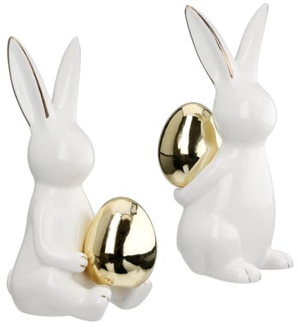 MF HugoX Porzellan Hasenfiguren Set, 16 cm, Weiß mit Gold-Akzenten, 2 Stück, Osterdekoration