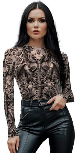 FIESTAS GUIRCA | Dark Diva Sexy Body mit Tattoo Effekt - Langärmliger Body für Cosplay, Halloween, Karneval, Fasching - Ideal für Rocker, Punker, Gothic Festivals