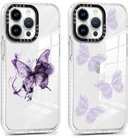 Phoona 2 Pack Transparent Purple Butterfly Phone Case for iPhone 13 Pro 6.1, with Aesthetics Pattern Design Ultrathin Soft TPU Silicone Cases,Shockproof Bumper Protector Matte Girls Cover