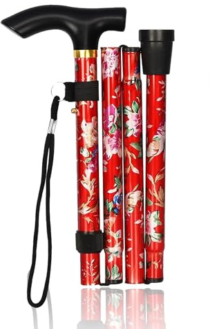 TravelHawk Gehstock Klappbar Röt Blumenmotiv - Wanderstock Faltbar und Höhenverstellbar Gehstock Herren Damen und Senioren Spazierstock mit Klinge und Aufbewahrungstasche