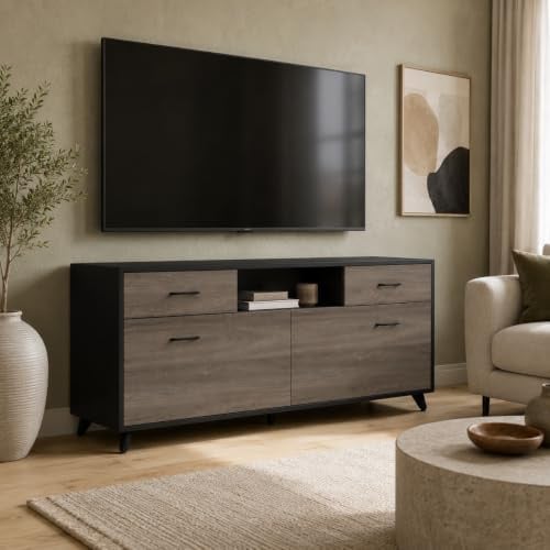 PREMTURE TV-Schrank, Fernsehtisch mit 2 Türen, 160 cm lang, TV-Regal für Fernseher bis zu 60 Zoll, verstellbare Ablagen, für Wohnzimmer, Esszimmer, Schlafzimmer, 160 x 68 x 40 cm, MDF, Schwarz+Grau