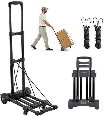 VEVOR Diable Pliant 4 Roues, Chariot à Bagages Pliable, Capacité de Charge 131,5 kg, 2 Cordes Élastiques, Base Extensible, Chariot Utilitaire pour Déménagement, Manutention, à l'Aéroport, Bureau, Noir