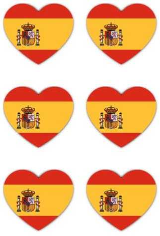 Pegatinas de 50 mm, 6 unidades, diseño de corazón, bandera de España, juego de 6 unidades, 50 mm (5 cm), resistente a la intemperie, para coche, portátil, teléfono móvil, maleta