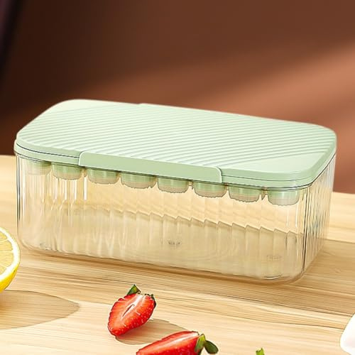 Ice making box with lid made from flexible silicone, press mechanism for easy ice cube release, stackable trays for organized fridge storage (Green)