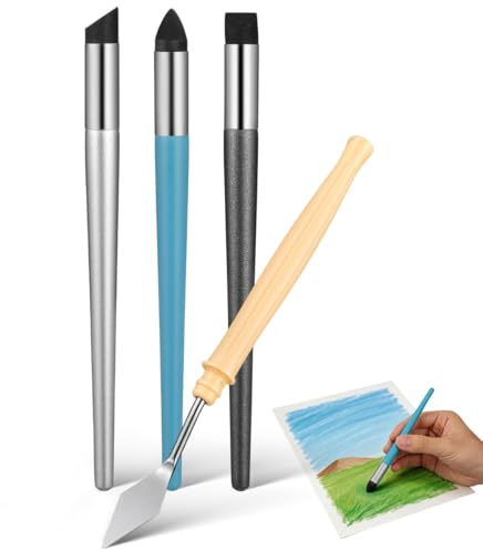 Housoutil Pinceau Pastel Huile Stylo Estompeur Éponge Avec Raclette Outil De Mélange Pour Pastels À L’Huile Dessin Croquis Et Aquarelle 3 Pinceaux Éponge + 1 Raclette 5.83in