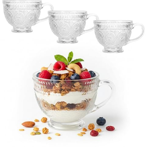 Oceano Set di Vetro in Stile Vintage Retrò Design Rilievo con Motivi Floreali Vetro Trasparente di Alta Qualità per Acqua, Cocktail, Colazione e Dessert Lavabile in Lavastoviglie (SET 3 TAZZE)