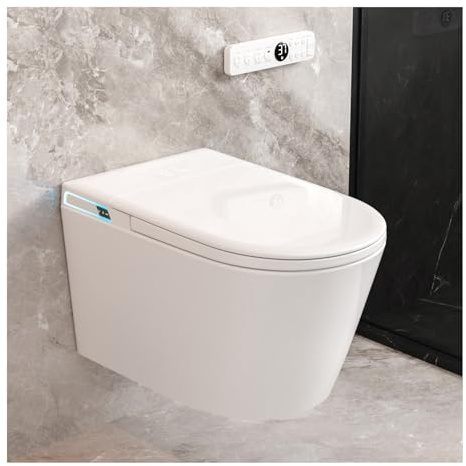 Smart Wall-Mounted Toilet Combination, Automatic Flush, Auto Open/Close Lid, Heated Seat, Warm Water/Dryer, Modern Oblong Bidet Toilet with Wall Support
