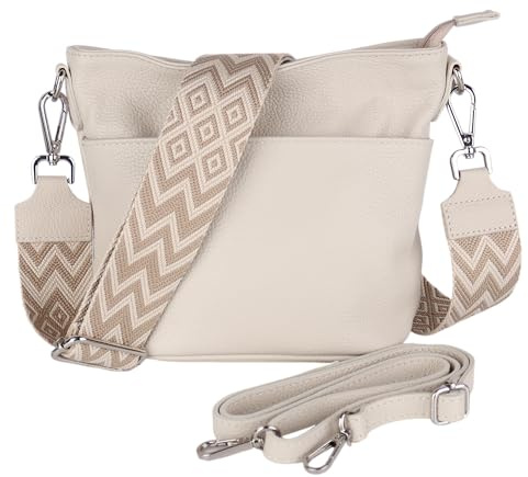 MIRROSI Damen Umhängetasche, Crossbody Bag, Echtleder I Made in Italy (1 Tasche 1 oder 2 Gurt(e)), 24x18x12cm (BXHXT) Mittelgroß (Upgrade Version (mit 2 Gurte): Beige Boho Taupe)