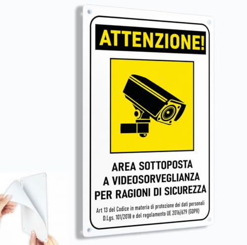 Cartello Area Videosorvegliata in PVC 30cm x 20cm | con Adesivo e 4 Fori| per esterno ed interno | Conforme GDPR per Telecamere di Videosorveglianza