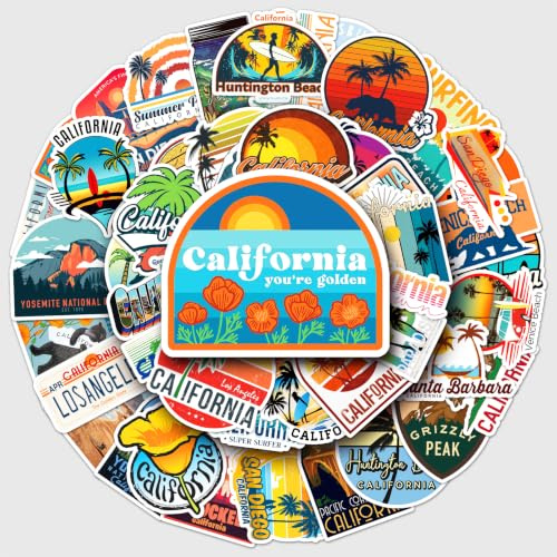 California Travel Stickers, Beach Surf Palm Tree Vinyl Decals | 50 California Beach Designs. Water Resistant Vinyl For Scrapbooks, Junk Journals, Planners, Laptops. For Adults