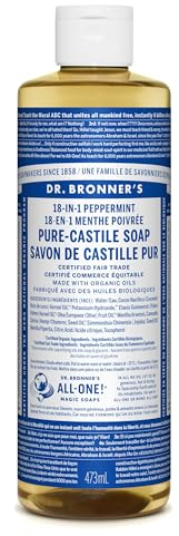 Dr Bronner's 18-in-1 Peppermint Pure-Castile Liquid Soap, Made with Organic Oils, Used for Face, Body, Hair, Laundry, Pets and Dishes, Certified Fair Trade & Vegan Friendly, 473ml Recycled Bottle