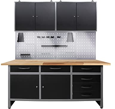 Ondis24 Werkstatteinrichtung mit LED Beleuchtung, 160 cm breit, Werkbank, Werkzeugschrank, Werkzeugwand
