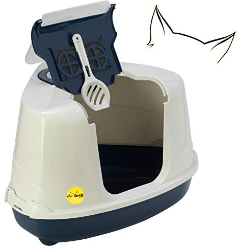 CAT CENTRE Dark Blue Large Corner Cat Flip Litter Tray Hooded Box Toilet + Scoop + Charcoal Filter Extra Deep Anti-Spillage Easy Cleaning Access Durable Flap Door Enclosed Kittens Detachable Safe Loo