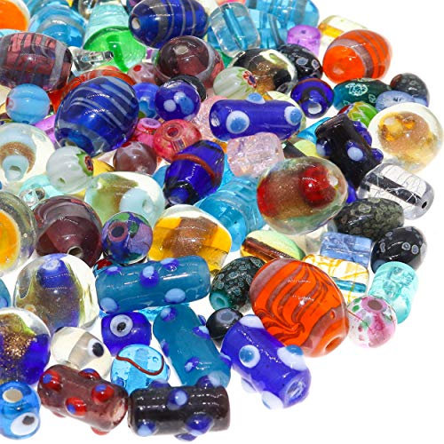 Fun-Weevz Lot de 50 perles en verre assorties pour la fabrication de bijoux pour adultes, grandes et petites perles de verre en vrac pour loisirs créatifs, mélange de perles de Murano pour bracelets