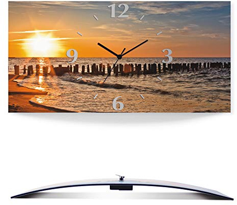 ARTLAND Wanddeko Wanduhr ohne Tickgeräusche Alu Quarzuhr 60x30 cm Rechteckig Lautlos Strand Meer Sonnenuntergang Sonne Urlaub Maritim T3ZU