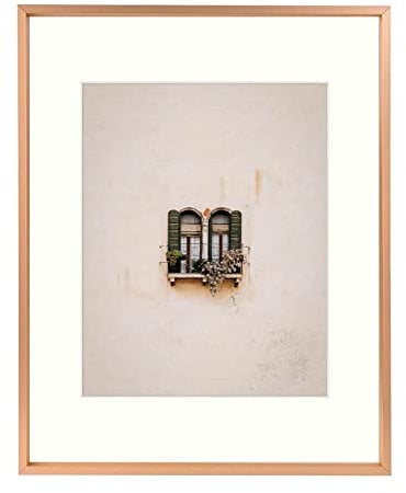 Golden State Art, 11x14 Aluminum Photo Frame - Ivory Mat for 8x10 Picture - Swivel Tabs - Sawtooth Hangers - Landscape/Portrait - Wall Mounting - Real Glass (Rose Gold)