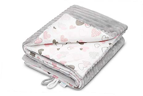 EliMeli Babydecke Kuscheldecke junge Krabbeldecke 75x100 | Ultraweicher Gestreifter Microfaser-Plüsch Stoff aus Baumwolle | Füllung | hoch Qualität | ideal als Kinderwagendecke (Light Grey - Hearts)