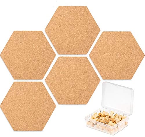 Whaline Large Size Hexagon Cork Board Tiles with Full Sticky Back, Wall Bulletin Boards Pin Board with 40 Push Pins for Pictures, Photos, Drawing
