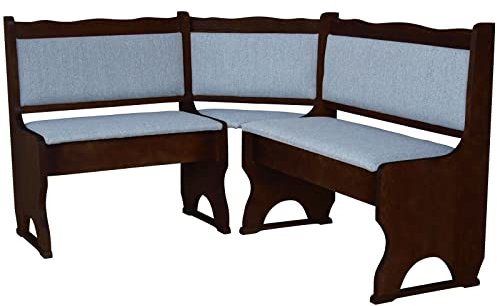 k koma Eckbank aus Massivholz Kiefer in Nussbaumfarben mit Polsterung in Hellgrau – Rustikale Sitzgruppe für Küche & Esszimmer (120 x 120)