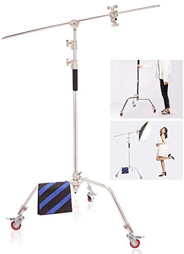 Pro Support de Lumière Trépied Eclairage Photographie Pied C Stand Réflecteur Studio en Acier Inoxydable 3m avec Bras Girafe, roulettes et Grip Head