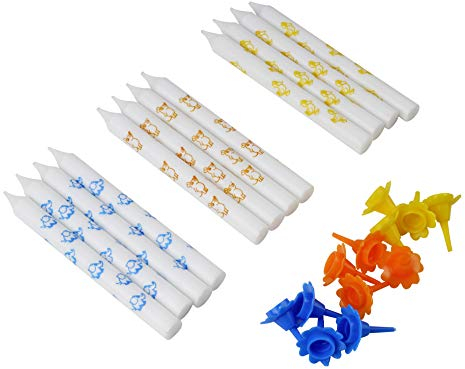 Dr. Oetker Maus Kerzen DieMaus, farbige Geburtstagskerzen, Farbkerzen für Kuchen und Torten, hochwertige Kuchenkerzen (Farbe: Orange, Blau, Gelb), Menge: 1 x 12 Kerzen, 1 x 12 Halter