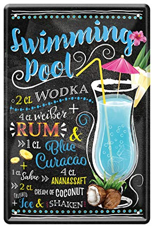 Swimming Pool Cocktail Rezept Blechschild - Retro Deko Schild - Metallschild zur Dekoration von Küche Beach Bar Pub Kellerbar Lounge Kneipe - Anleitung zum Cocktail Longdrink Mixen - 20x30cm