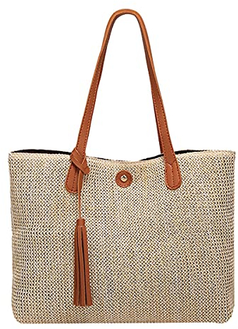 MEGAUK Sac de plage tissé en paille de plage pour femme avec franges en cuir et pompons - Sac de plage tissé pour femme, marron, 36*11*28cm