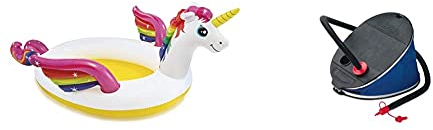 Intex 57441 Schimmbad mit Fontäne Einhorn Planschbecken Unicorn 272 x 193 x 104 cm & Giant Bellows Fußpumpe - Luftpumpe - 30 cm - Mit 3 Düsenaufsätze