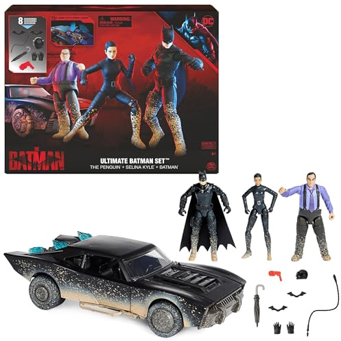 DC Comics Ultimatives Batman-Set mit exklusivem Batman, Selina Kyle, The Pinguin Actionfiguren, Batmobil, Kinderspielzeug, ab 4 Jahren
