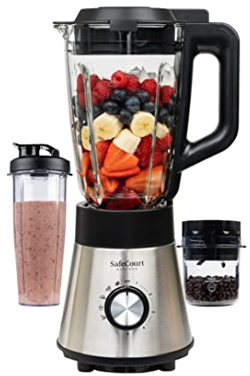 Safecourt standmixer – Kraftvoller Smoothie Maker, Blender & Mixer [1300W & 1,5L Glasbehälter] – für Smoothies, Shakes, Suppen, Dips und mehr [inkl. Sportbecher To-Go + Kaffeemühle]