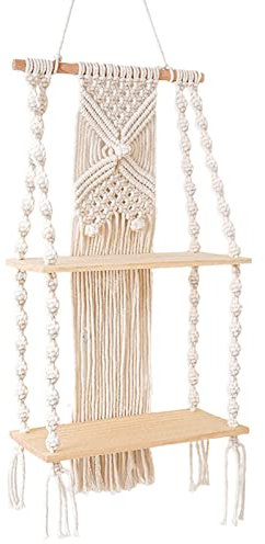 runnerequipment 2 Etagen Makramee Wandbehang Regal Bohemian Wand Schweberegal Boho Wanddekoration Große gewebte Quaste Tapisserie Rack Pflanzenhalter Wandbehang Regal mit Seil Tapisserie Makramee