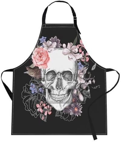 Britimes Schürze Zuhause Küche Kochen Backen Garten für Frauen Männer mit Taschen Totenkopf Blumen Vintage Rose Blumen 81 x 71 cm