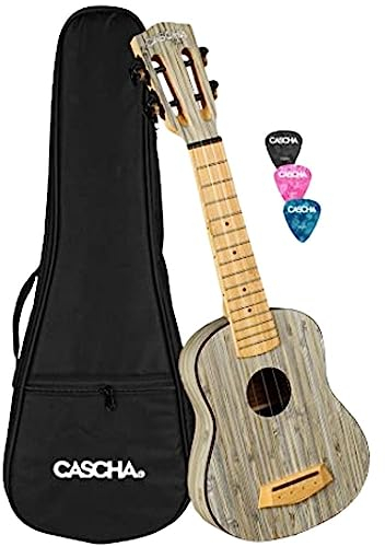 CASCHA Bamboo Graphit Tenor Ukulele Erwachsene & Kinder - inkl.3 Plektren gepolsterte Tasche Bambus-Ukulele für Anfänger oder Fortgeschrittene hochwertige Carbon-Saiten, Bambus grau, HH 2317