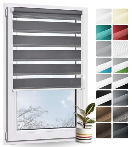 Rollmayer Doppelrollo Klemmfix ohne Bohren Graphit B60 x H220cm | Klemmrollo Fensterrollo Duo Rollo Sonnenschutzrollo Zebrarollo Seitenzugrollo für Fenster und Tür