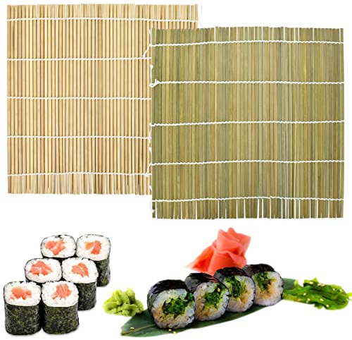 Tapis à Sushi en Bambou Naturel, 2 Pcs Rouleau et Natte pour Fabrication de Sushi, Plateau Lavable Réutilisable pour Cuisine, Fête, Débutants et Professionnels, 24 x 24 cm